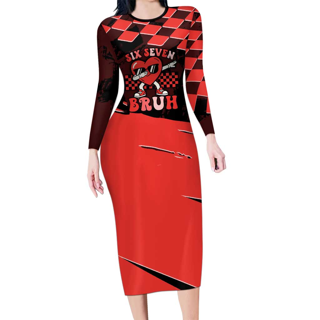 Six Seven Bruh Heart Long Sleeve Bodycon Dress 67 Meme Cool Valentine’s Day Character Dabbing