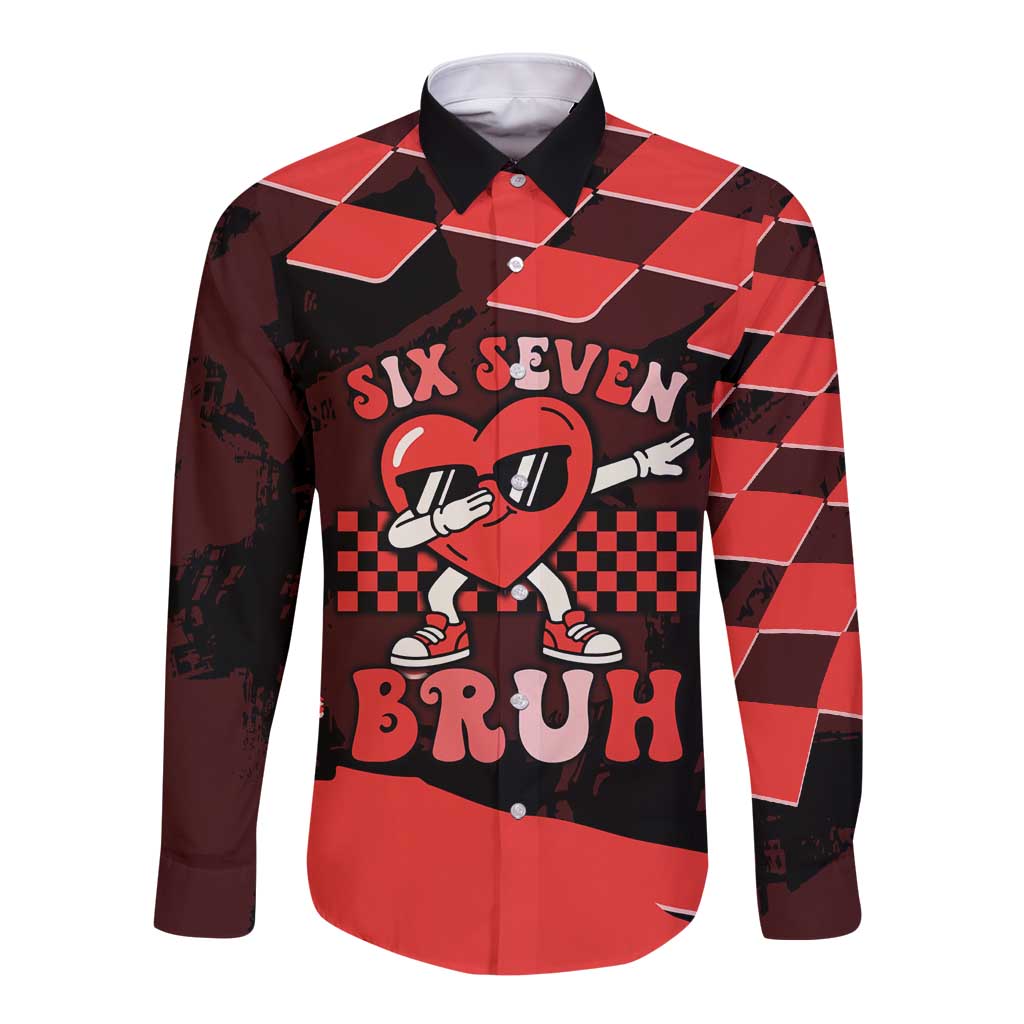 Six Seven Bruh Heart Long Sleeve Button Shirt 67 Meme Cool Valentine’s Day Character Dabbing
