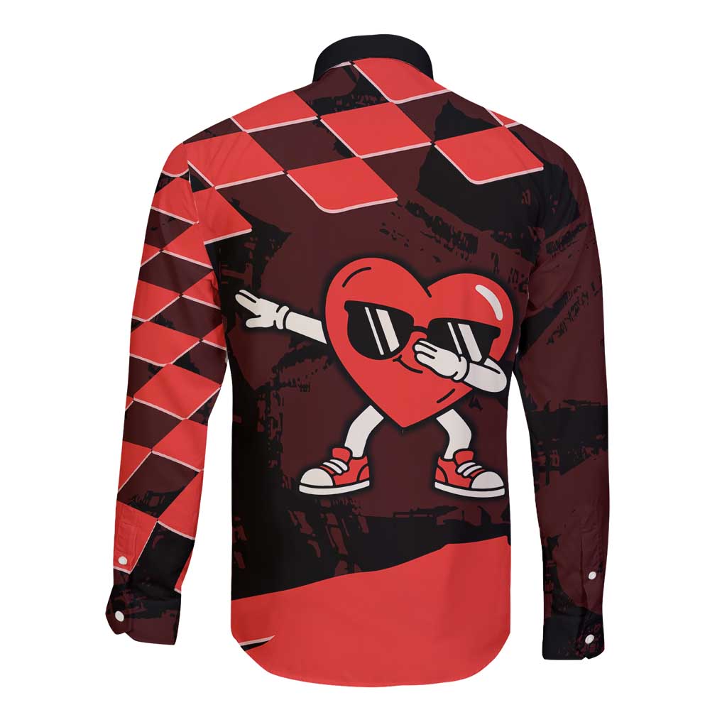 Six Seven Bruh Heart Long Sleeve Button Shirt 67 Meme Cool Valentine’s Day Character Dabbing