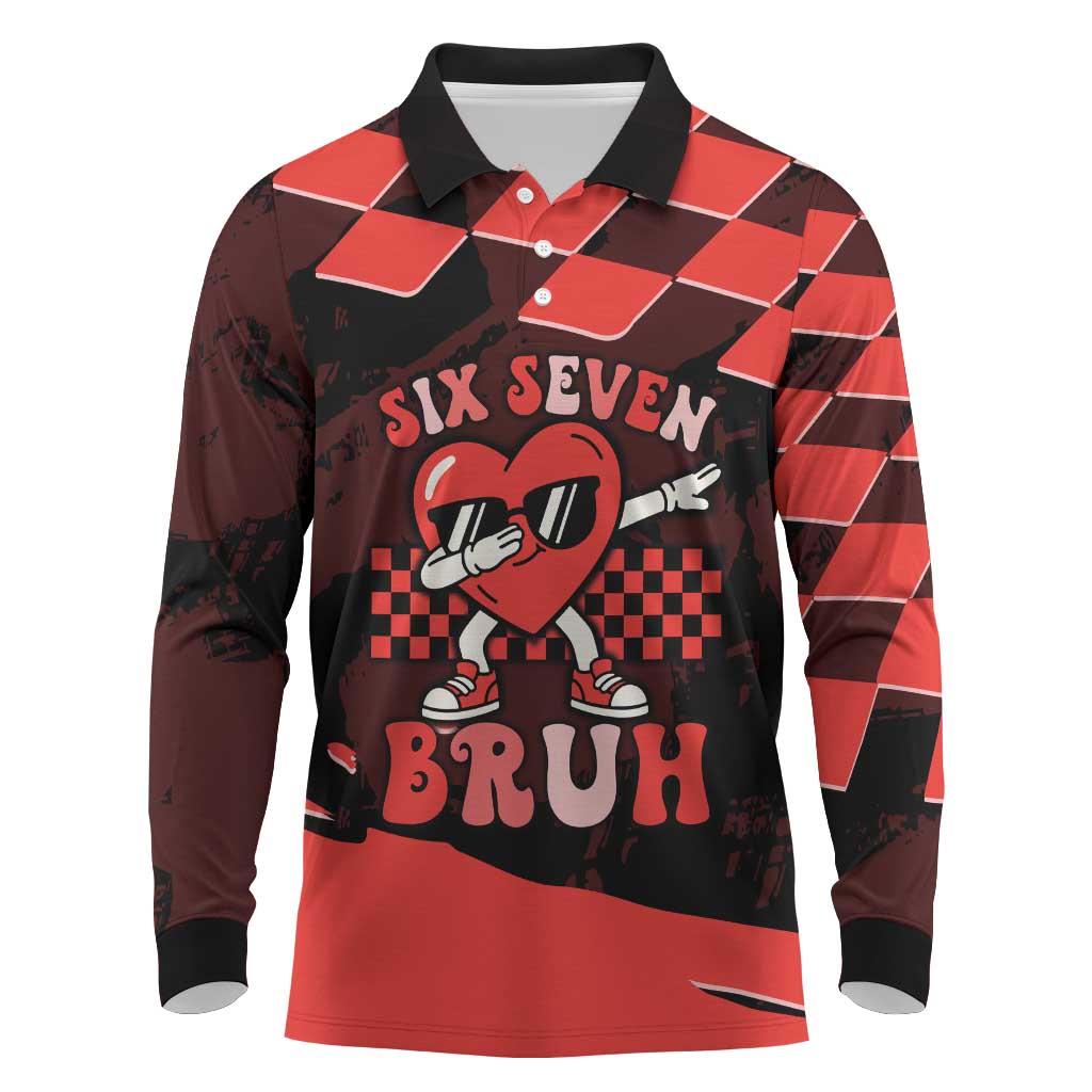 Six Seven Bruh Heart Long Sleeve Polo Shirt 67 Meme Cool Valentine’s Day Character Dabbing