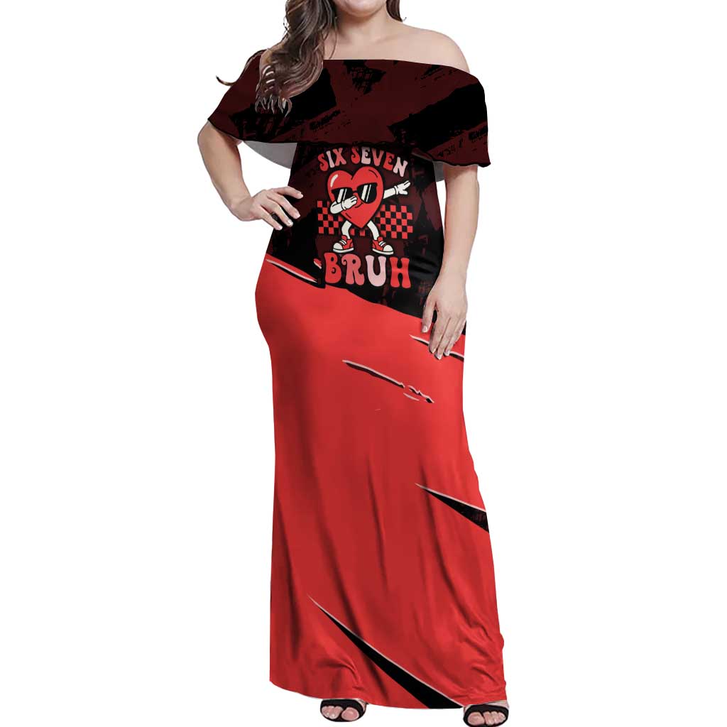 Six Seven Bruh Heart Off Shoulder Maxi Dress 67 Meme Cool Valentine’s Day Character Dabbing