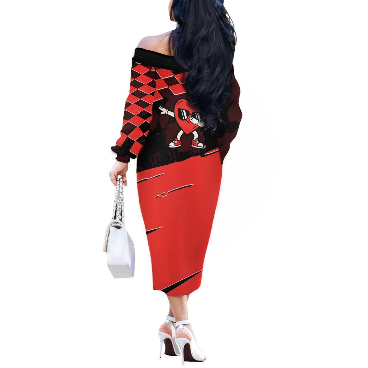 Six Seven Bruh Heart Off The Shoulder Long Sleeve Dress 67 Meme Cool Valentine’s Day Character Dabbing