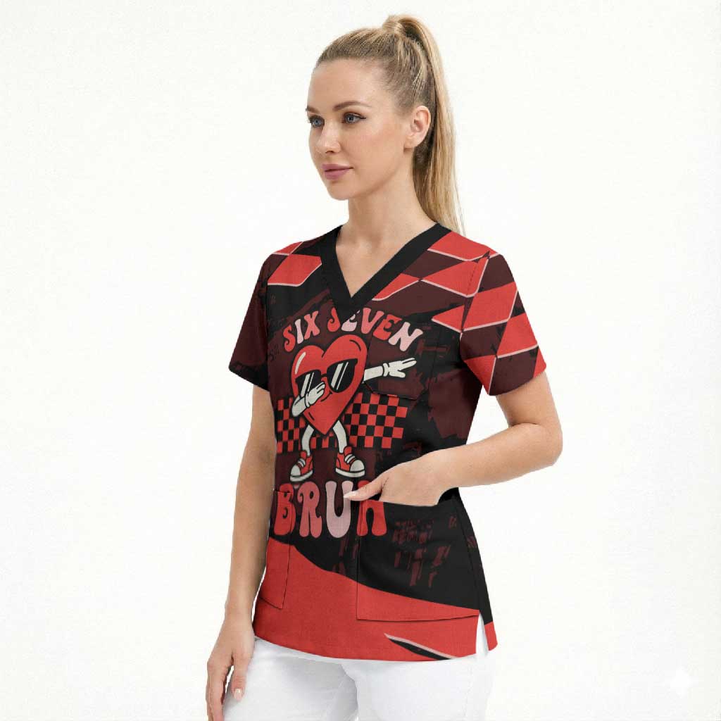 Six Seven Bruh Heart Scrub Top 67 Meme Cool Valentine’s Day Character Dabbing