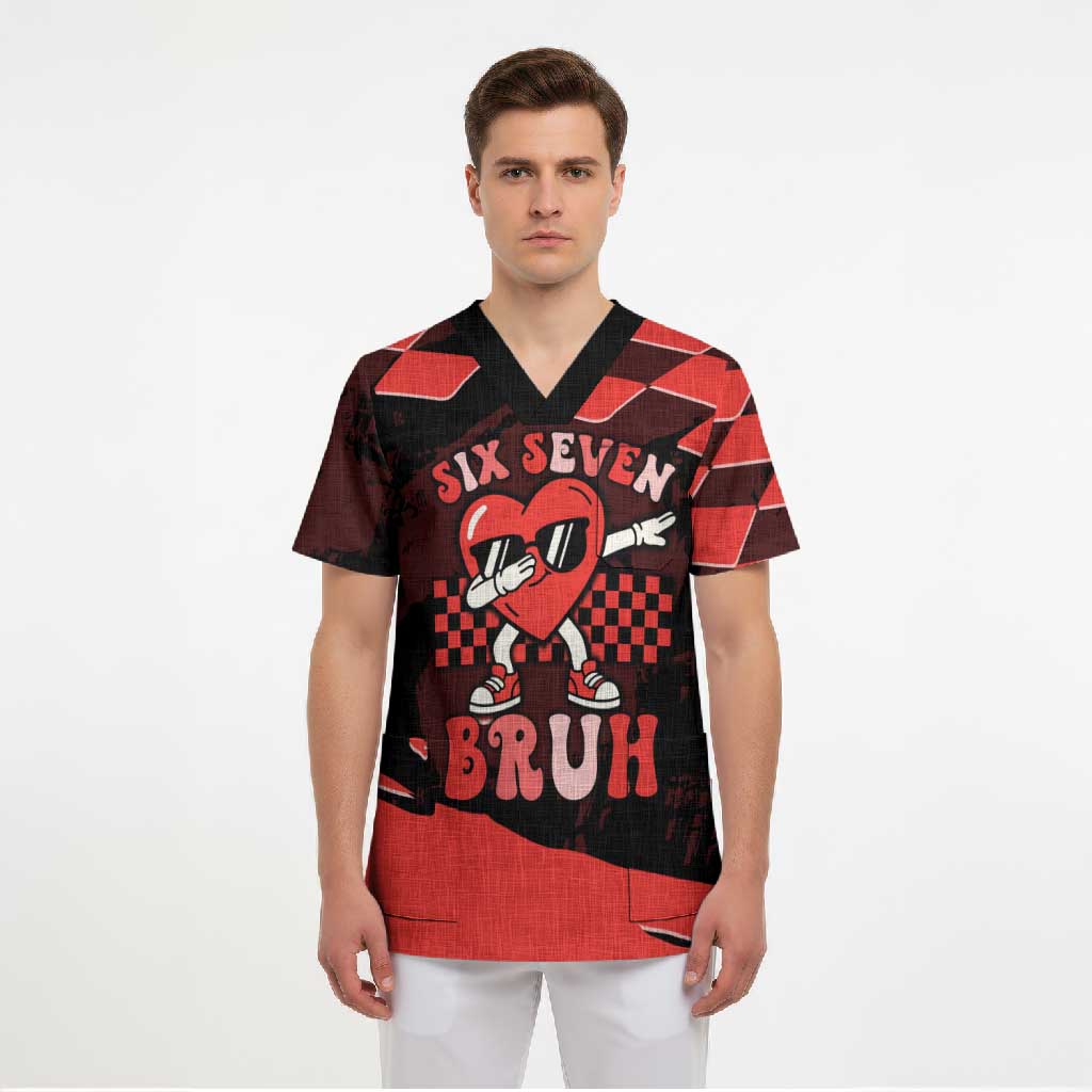 Six Seven Bruh Heart Scrub Top 67 Meme Cool Valentine’s Day Character Dabbing