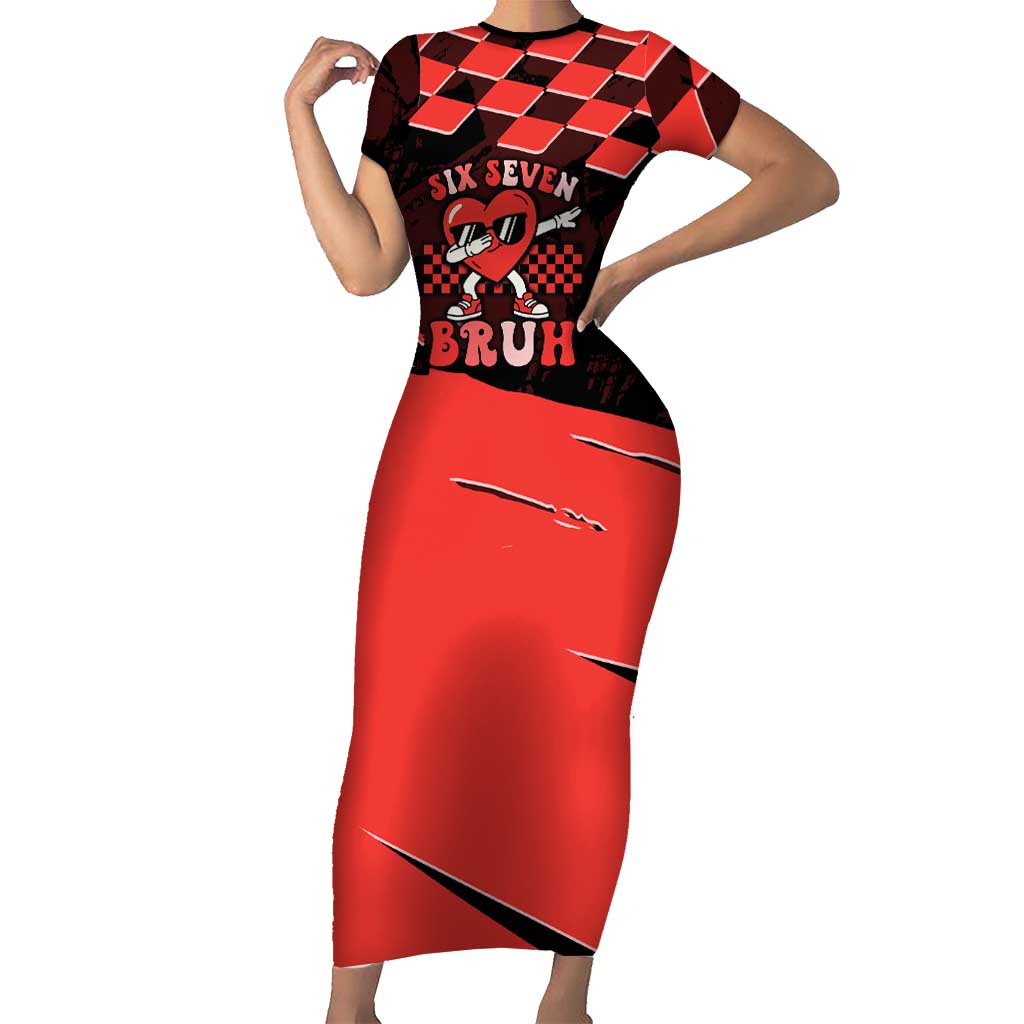 Six Seven Bruh Heart Short Sleeve Bodycon Dress 67 Meme Cool Valentine’s Day Character Dabbing