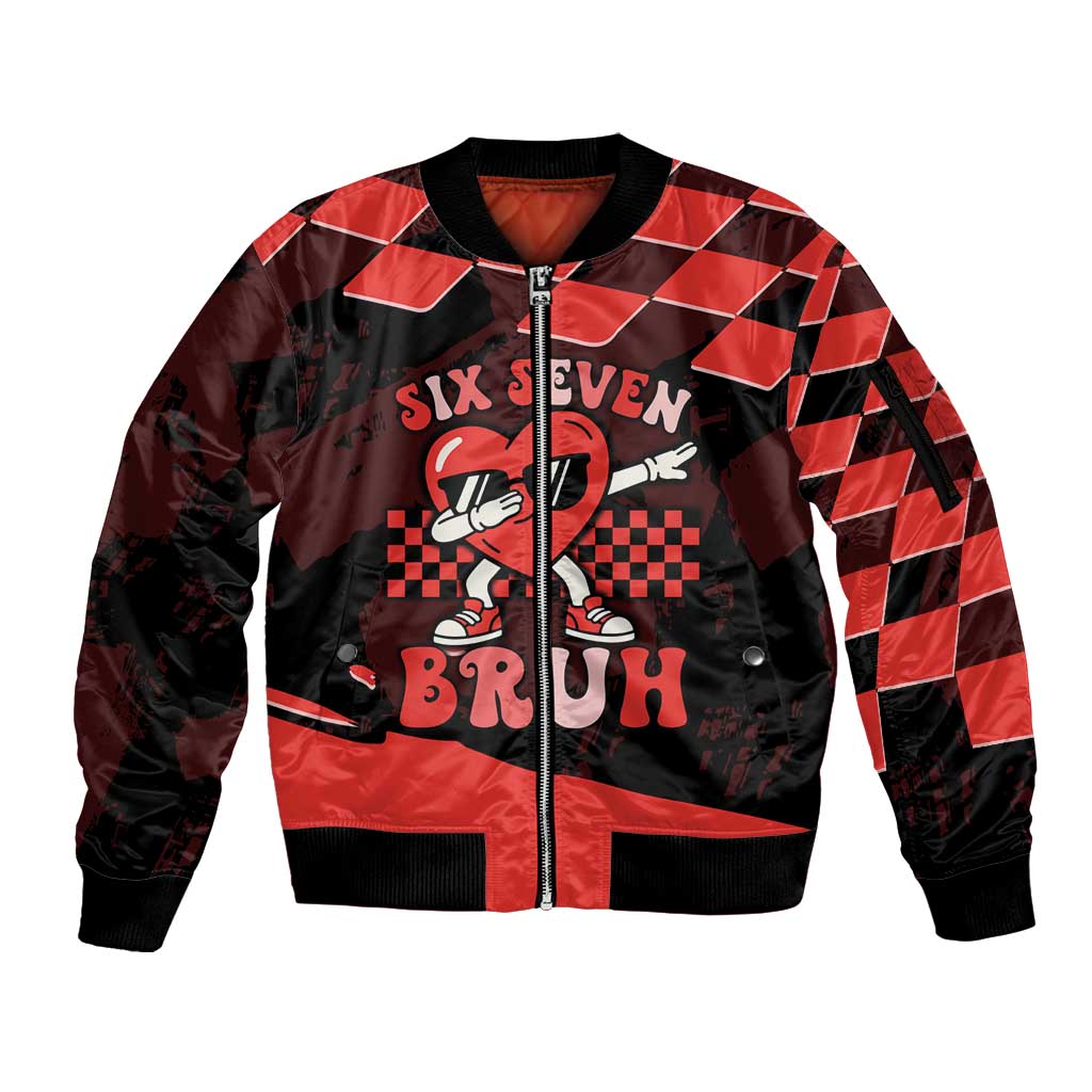 Six Seven Bruh Heart Sleeve Zip Bomber Jacket 67 Meme Cool Valentine’s Day Character Dabbing