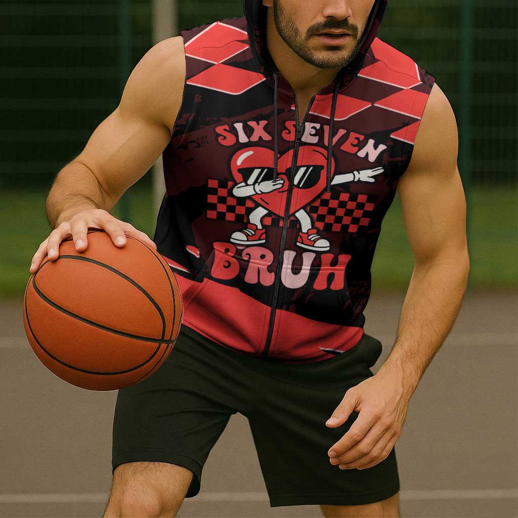 Six Seven Bruh Heart Sleeveless Zip Hoodie 67 Meme Cool Valentine’s Day Character Dabbing