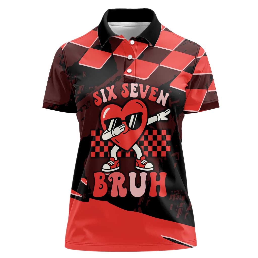 Six Seven Bruh Heart Women Polo Shirt 67 Meme Cool Valentine’s Day Character Dabbing