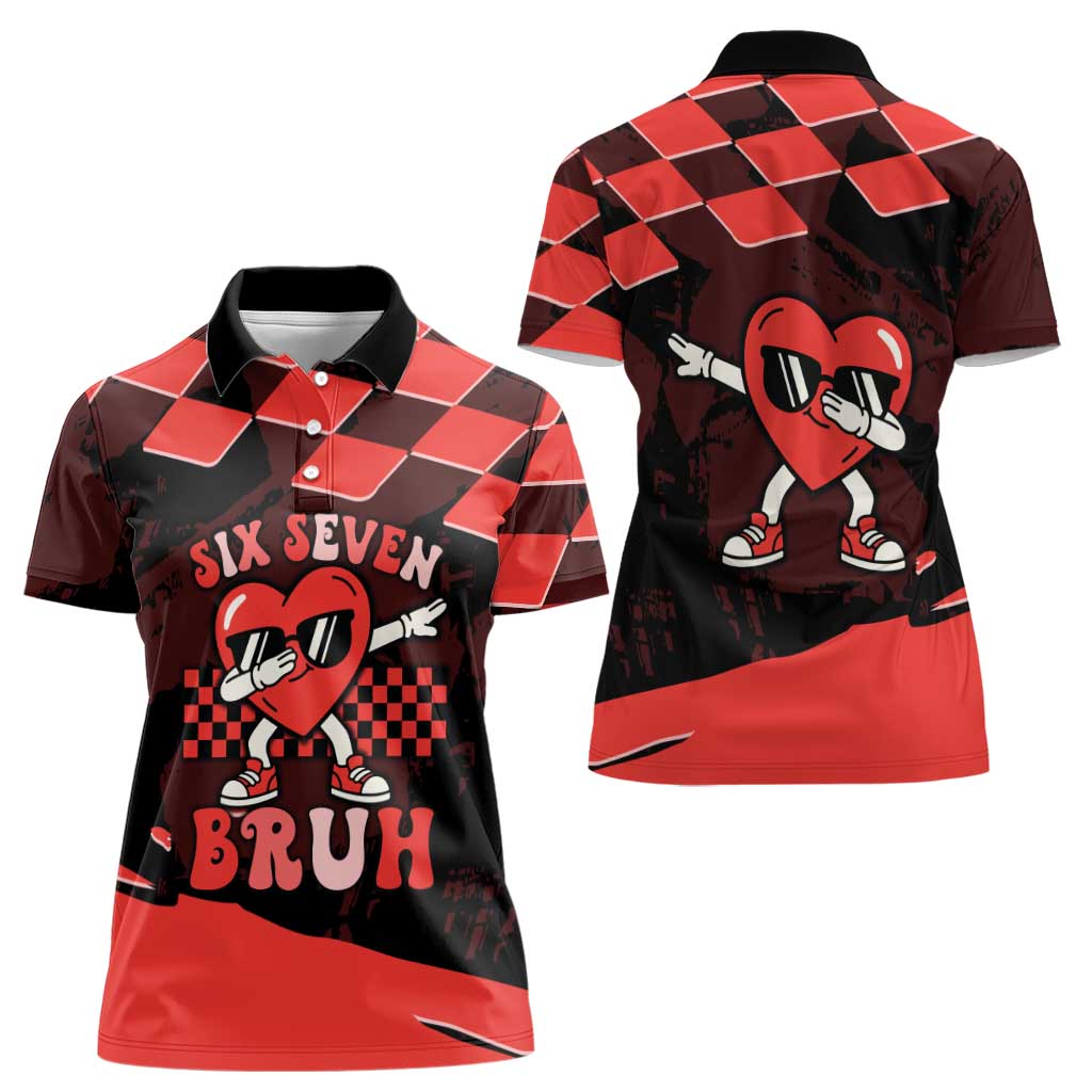 Six Seven Bruh Heart Women Polo Shirt 67 Meme Cool Valentine’s Day Character Dabbing
