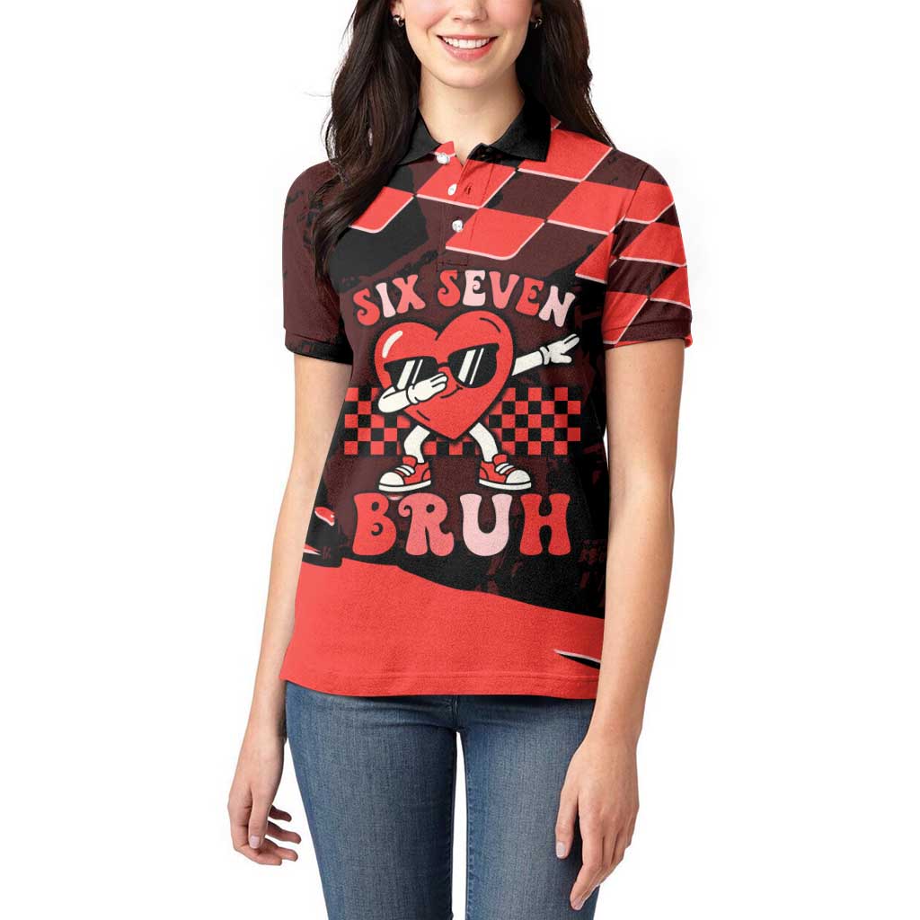 Six Seven Bruh Heart Women Polo Shirt 67 Meme Cool Valentine’s Day Character Dabbing