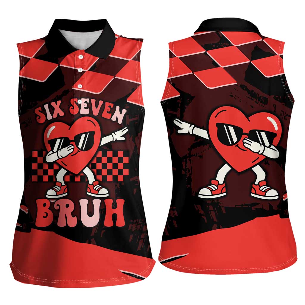 Six Seven Bruh Heart Women Sleeveless Polo Shirt 67 Meme Cool Valentine’s Day Character Dabbing