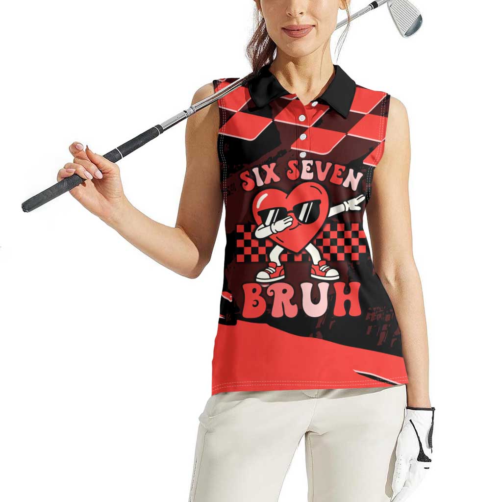Six Seven Bruh Heart Women Sleeveless Polo Shirt 67 Meme Cool Valentine’s Day Character Dabbing
