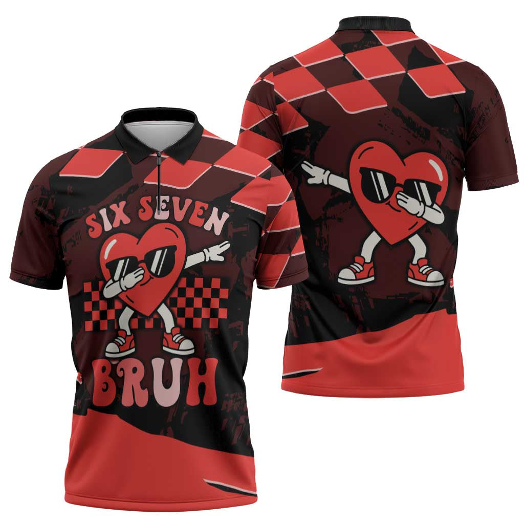 Six Seven Bruh Heart Zipper Polo Shirt 67 Meme Cool Valentine’s Day Character Dabbing