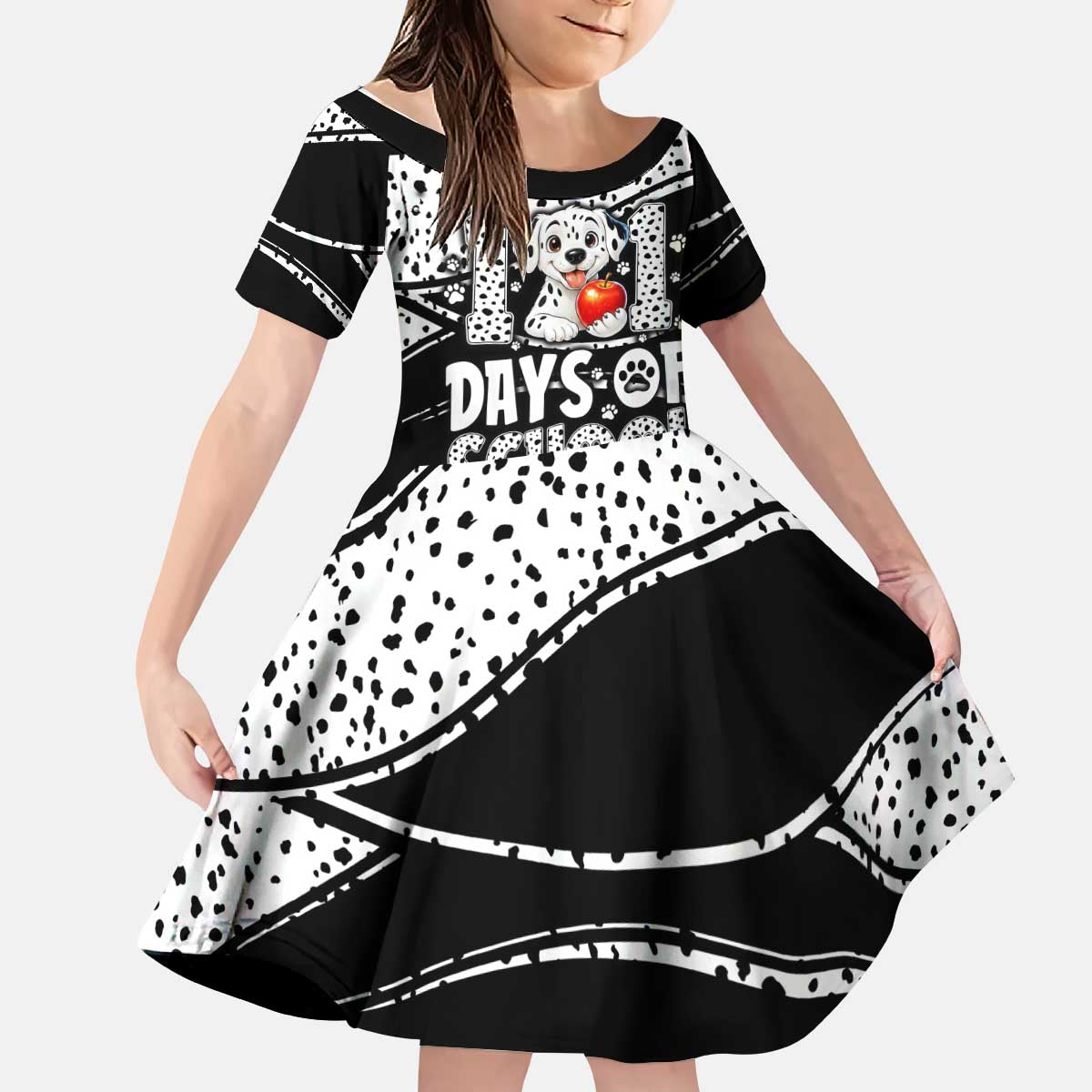 101 Days of School Dalmatian Kid Short Sleeve Dress 100th Days Teacher Girl Boy - Spotted Mono Spiral