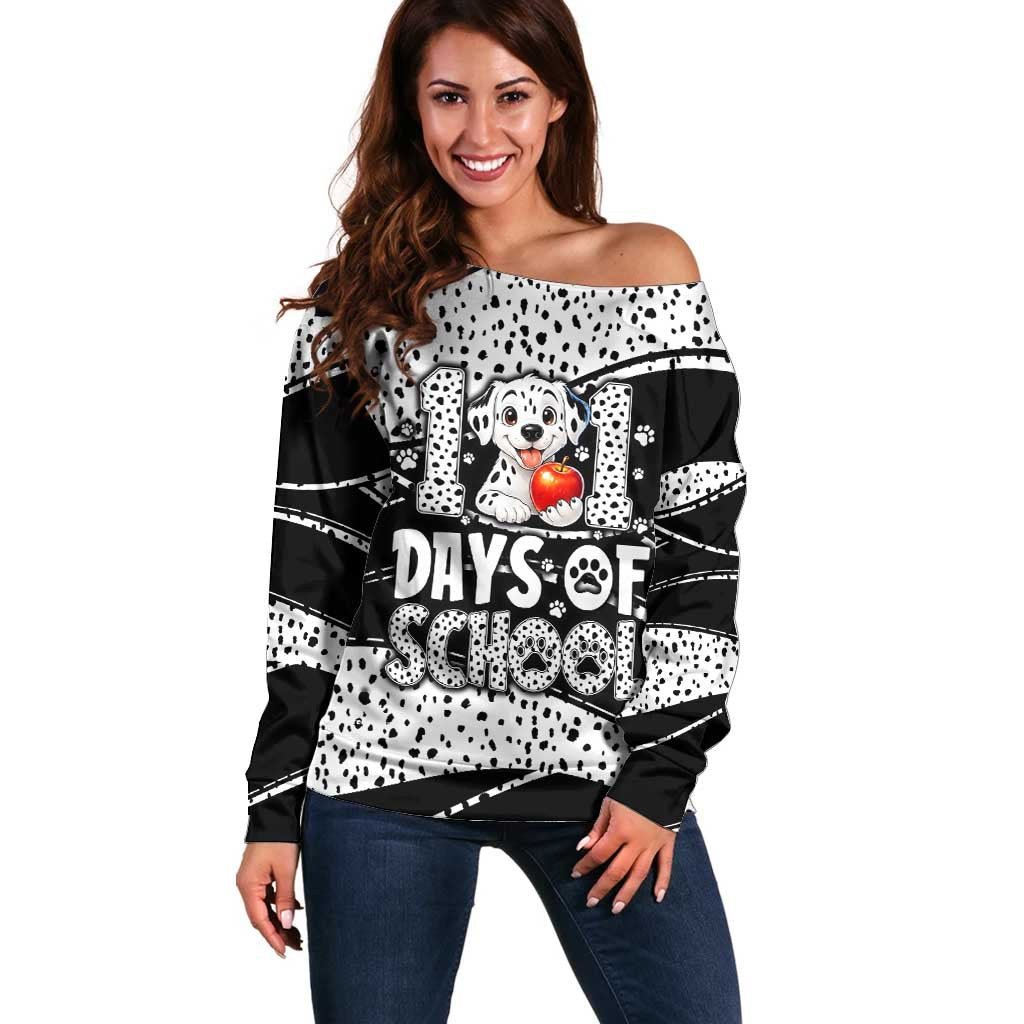 101 Days of School Dalmatian Off Shoulder Sweater 100th Days Teacher Girl Boy - Spotted Mono Spiral