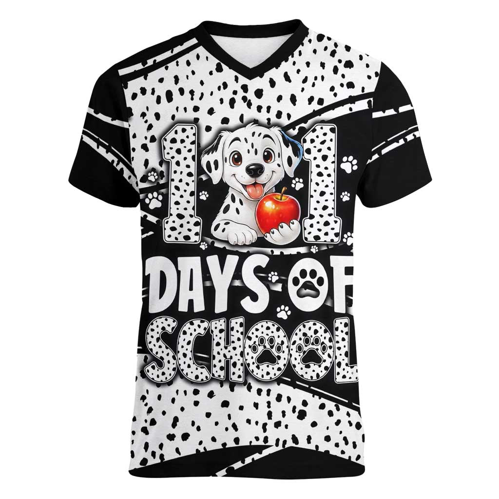 101 Days of School Dalmatian Women V-Neck T-Shirt 100th Days Teacher Girl Boy - Spotted Mono Spiral