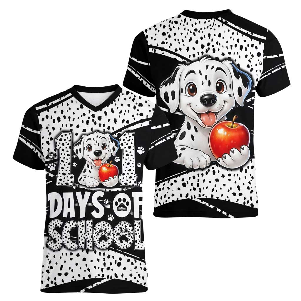 101 Days of School Dalmatian Women V-Neck T-Shirt 100th Days Teacher Girl Boy - Spotted Mono Spiral