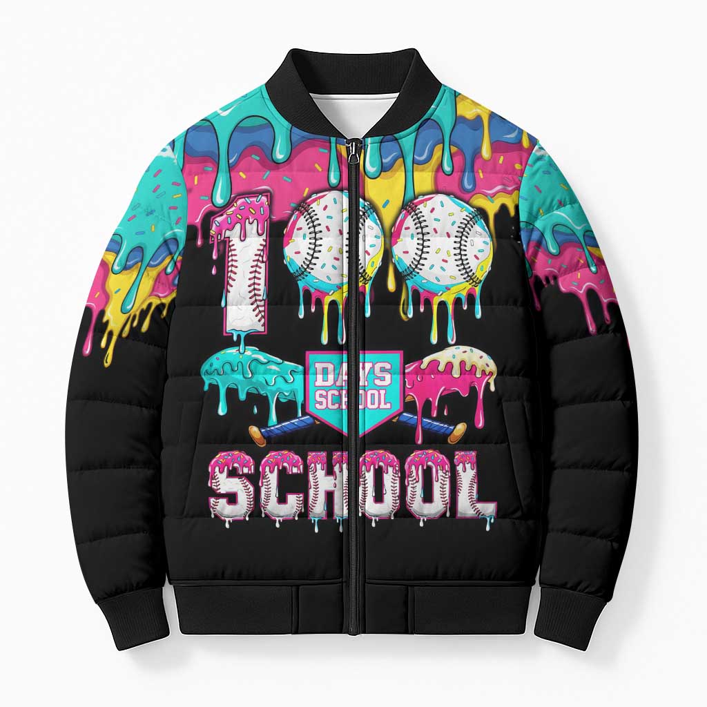 100 Days of School Baseball Bomber Puffer Jacket with Sweet Melting Drip Pattern