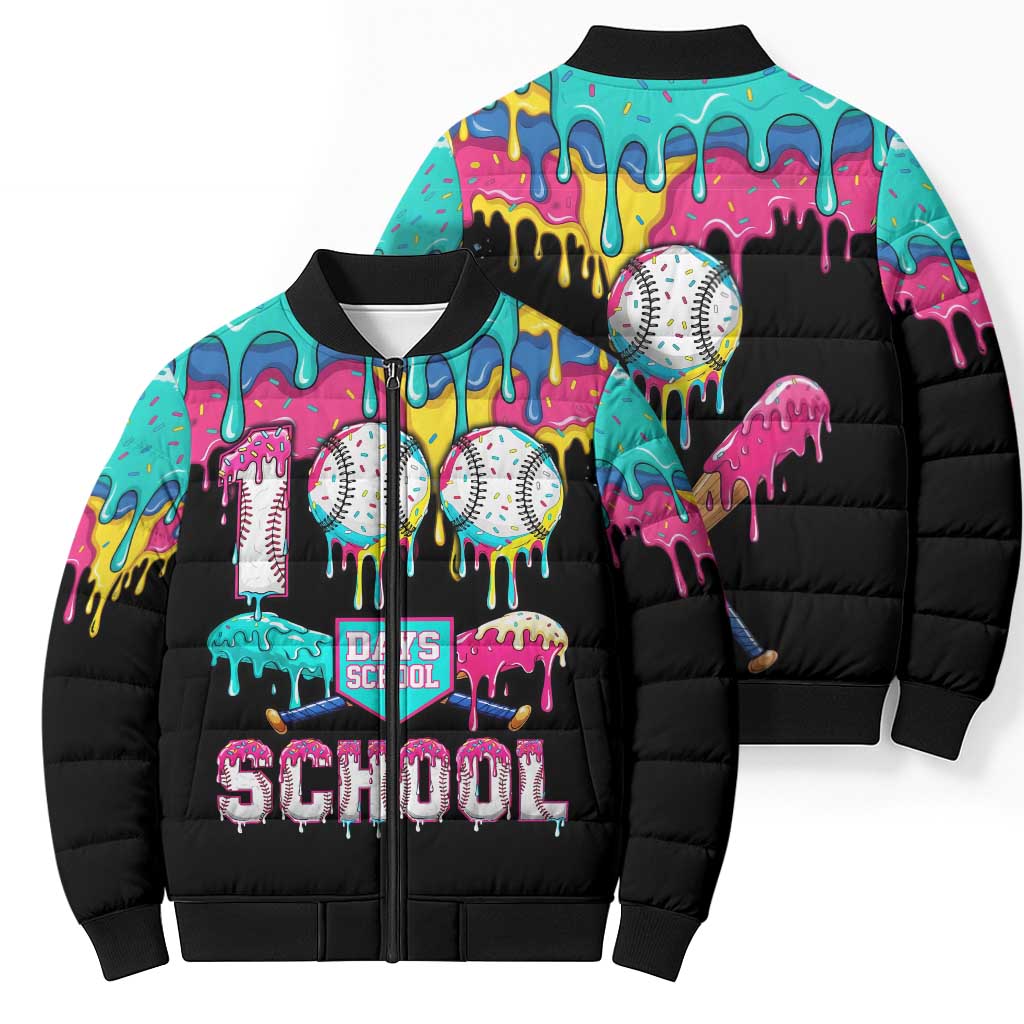 100 Days of School Baseball Bomber Puffer Jacket with Sweet Melting Drip Pattern