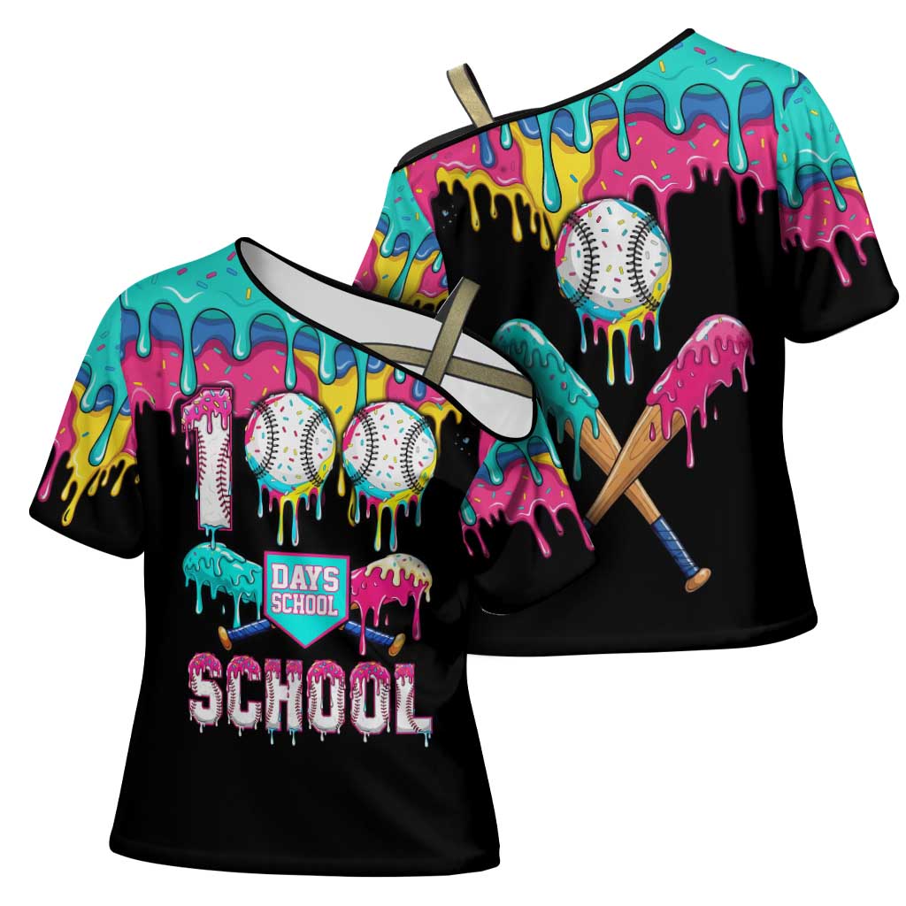 100 Days of School Baseball Cross Shoulder Shirt with Sweet Melting Drip Pattern