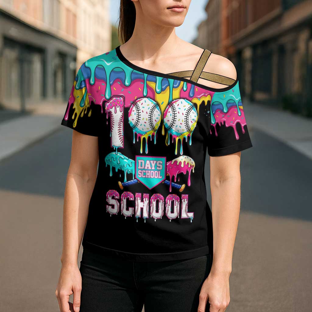 100 Days of School Baseball Cross Shoulder Shirt with Sweet Melting Drip Pattern