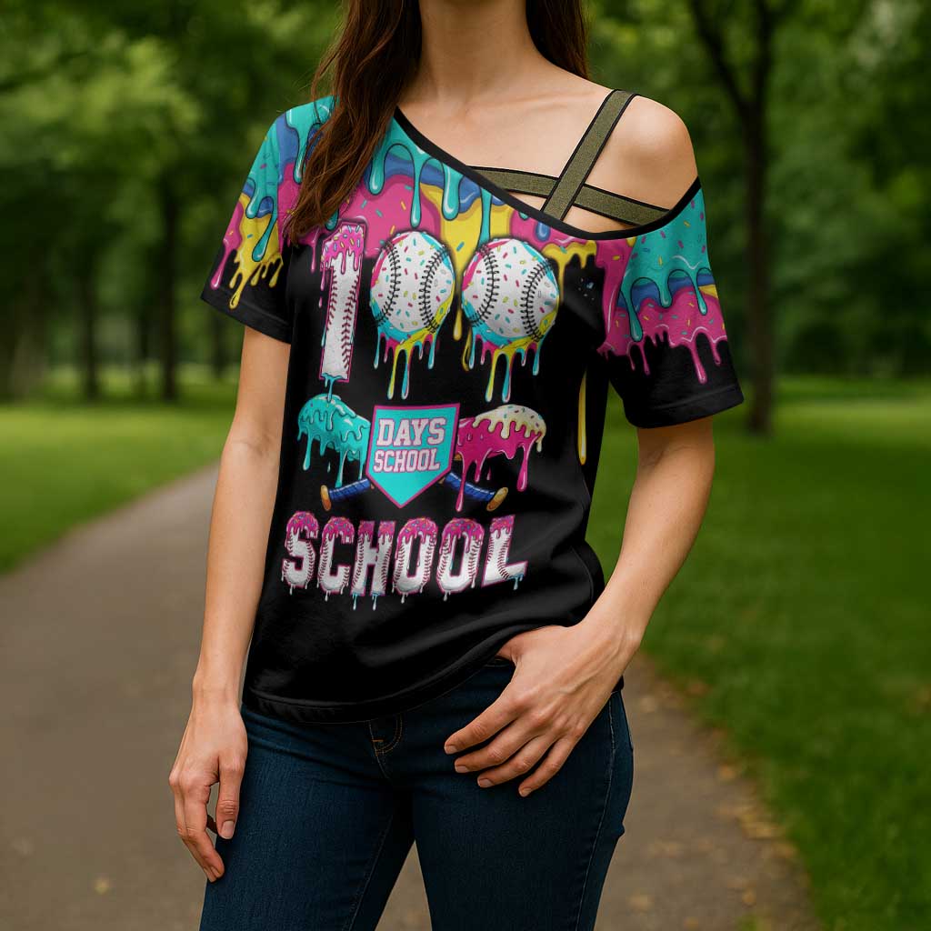 100 Days of School Baseball Cross Shoulder Shirt with Sweet Melting Drip Pattern
