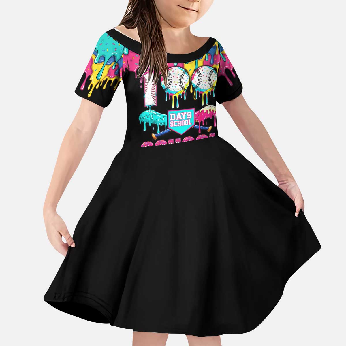 100 Days of School Baseball Kid Short Sleeve Dress with Sweet Melting Drip Pattern