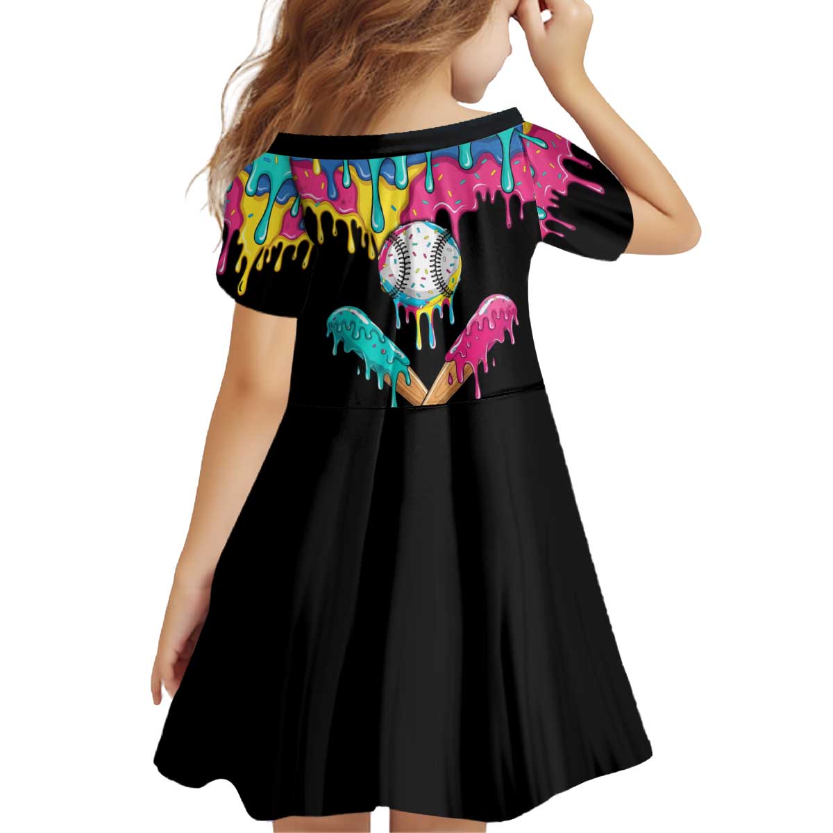 100 Days of School Baseball Kid Short Sleeve Dress with Sweet Melting Drip Pattern