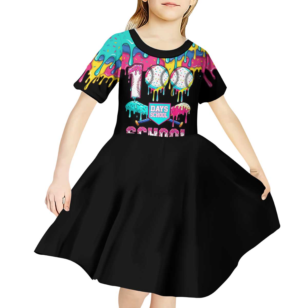 100 Days of School Baseball Kid Short Sleeve Dress with Sweet Melting Drip Pattern