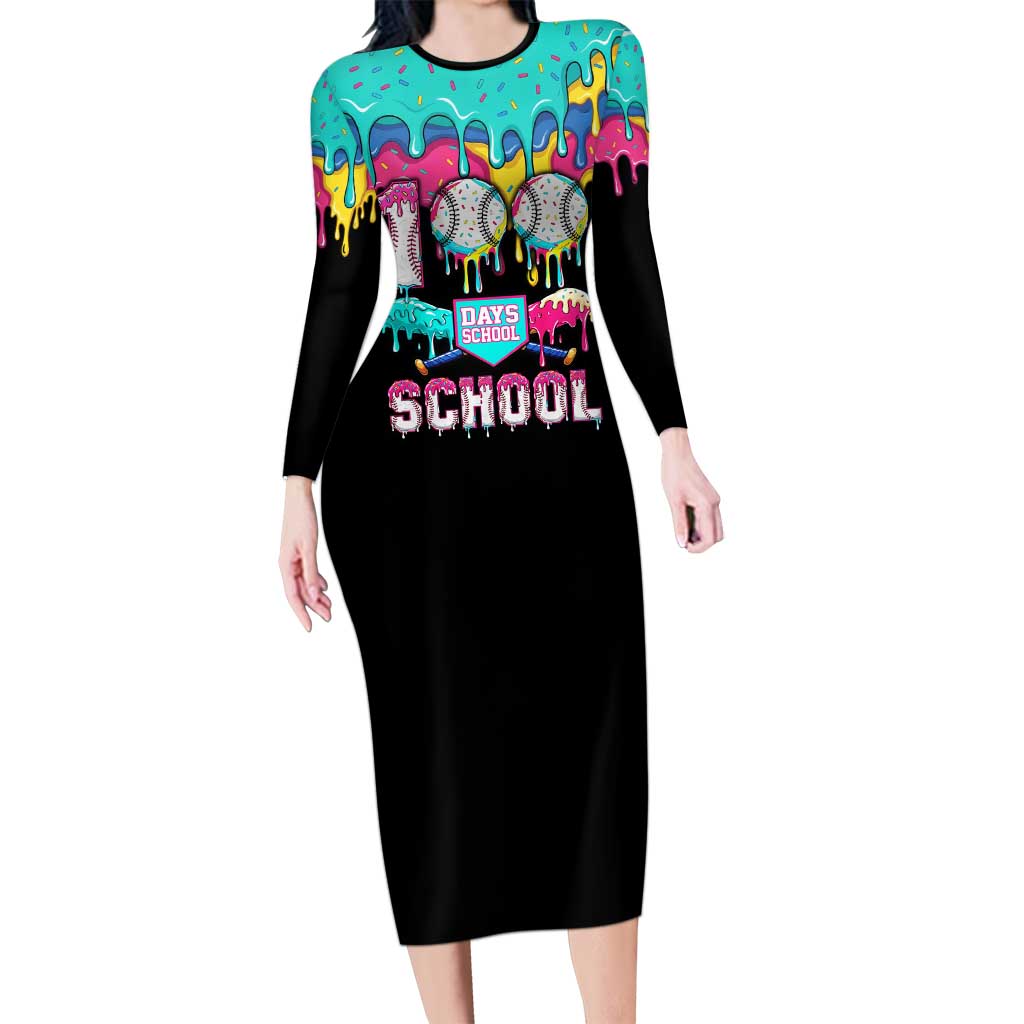 100 Days of School Baseball Long Sleeve Bodycon Dress with Sweet Melting Drip Pattern