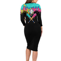 100 Days of School Baseball Long Sleeve Bodycon Dress with Sweet Melting Drip Pattern