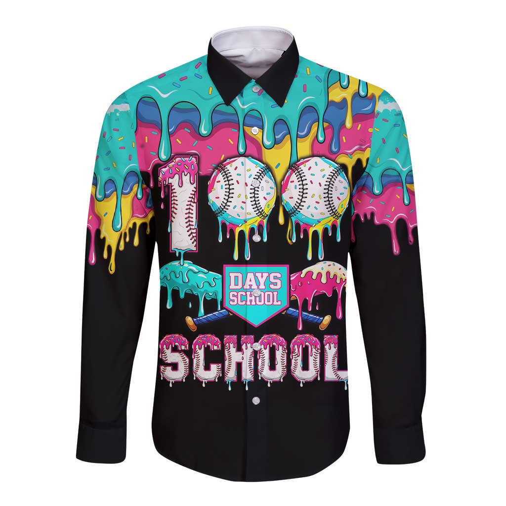 100 Days of School Baseball Long Sleeve Button Shirt with Sweet Melting Drip Pattern