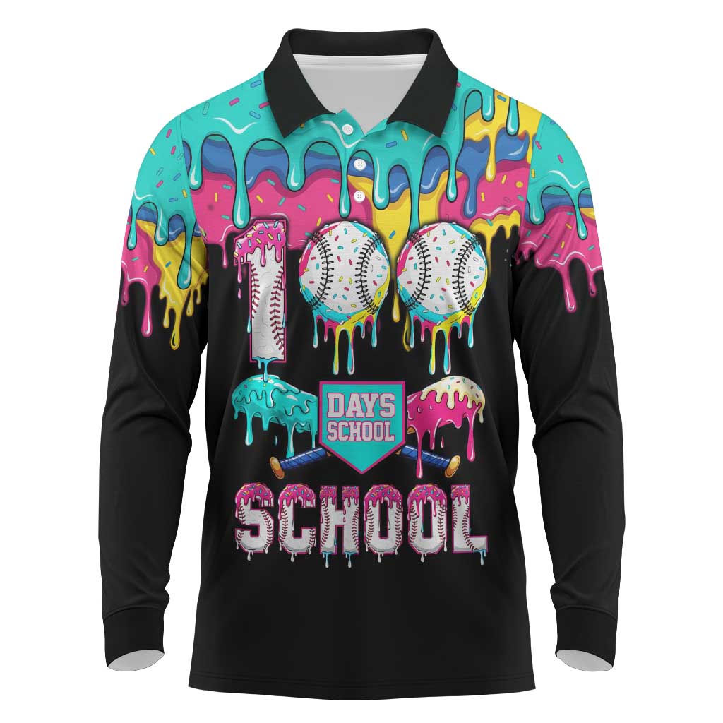 100 Days of School Baseball Long Sleeve Polo Shirt with Sweet Melting Drip Pattern