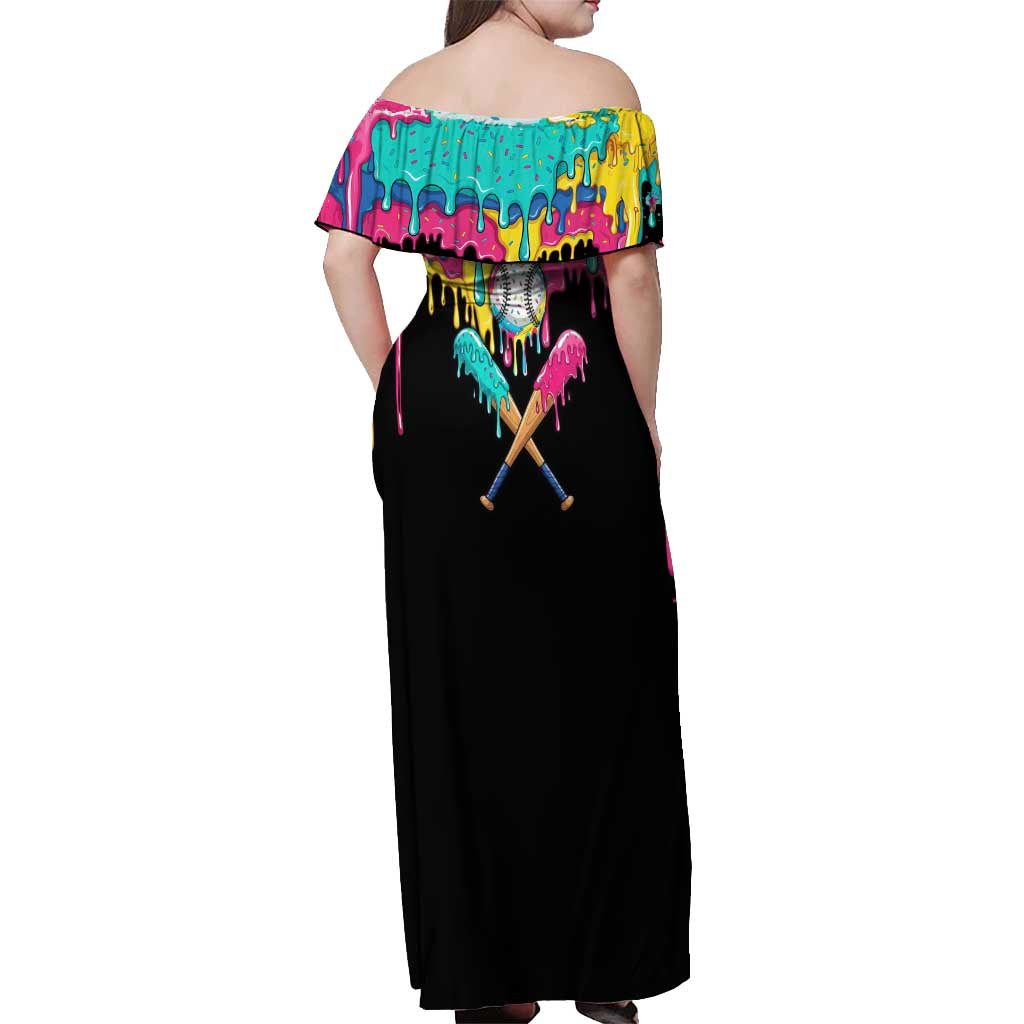 100 Days of School Baseball Off Shoulder Maxi Dress with Sweet Melting Drip Pattern