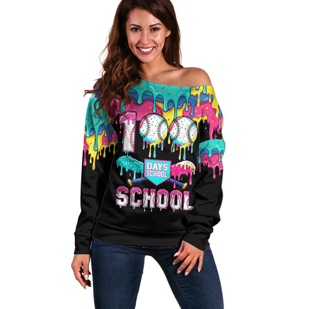 100 Days of School Baseball Off Shoulder Sweater with Sweet Melting Drip Pattern