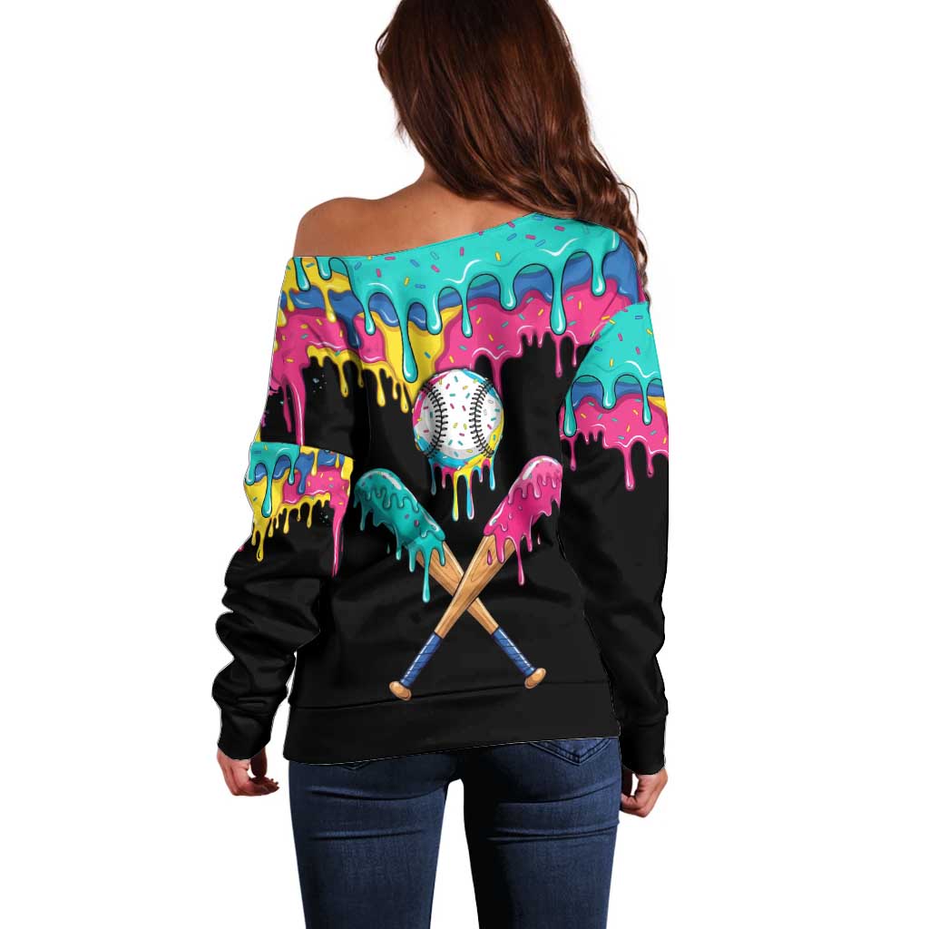 100 Days of School Baseball Off Shoulder Sweater with Sweet Melting Drip Pattern