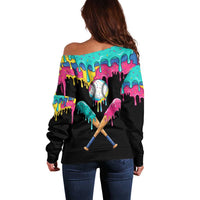 100 Days of School Baseball Off Shoulder Sweater with Sweet Melting Drip Pattern