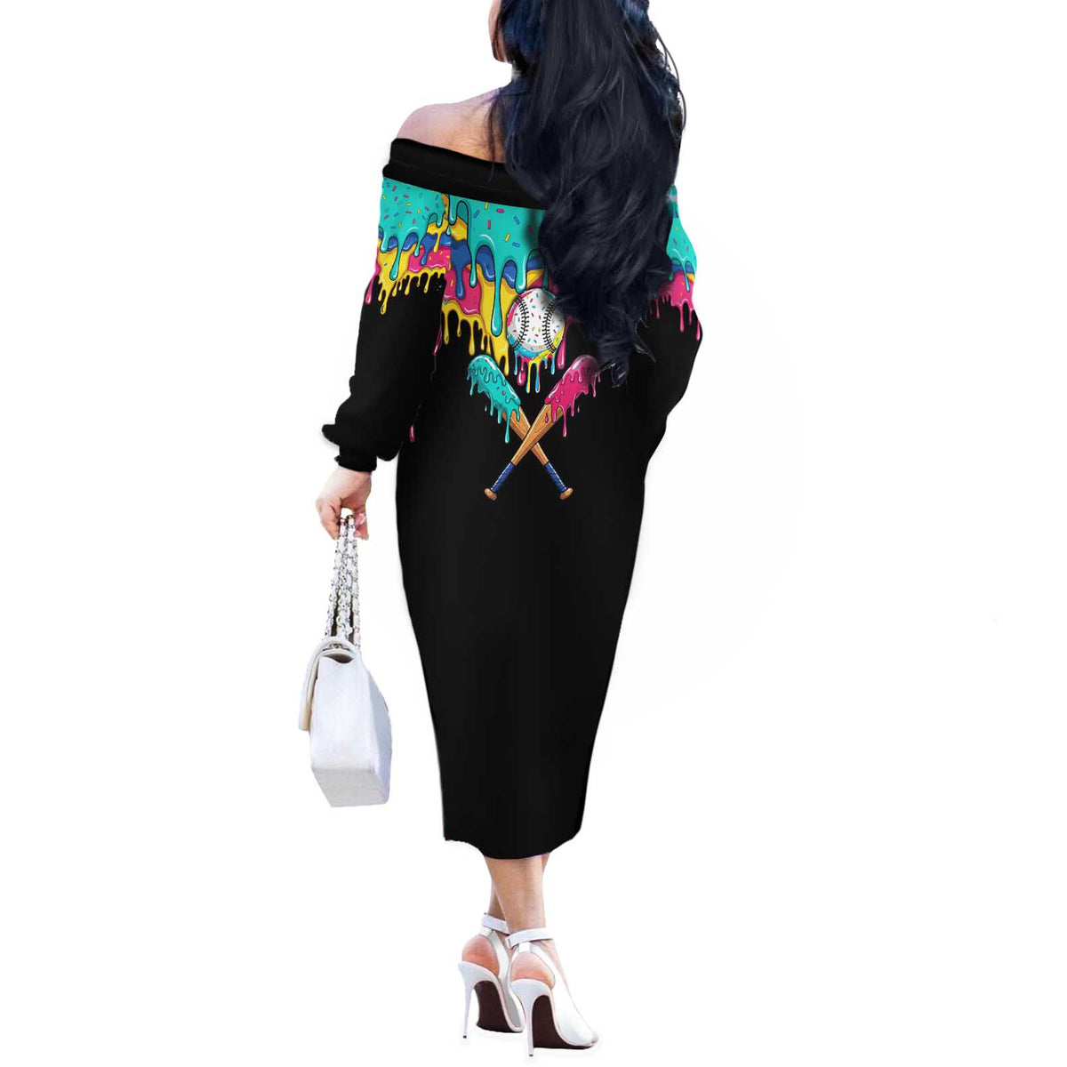 100 Days of School Baseball Off The Shoulder Long Sleeve Dress with Sweet Melting Drip Pattern