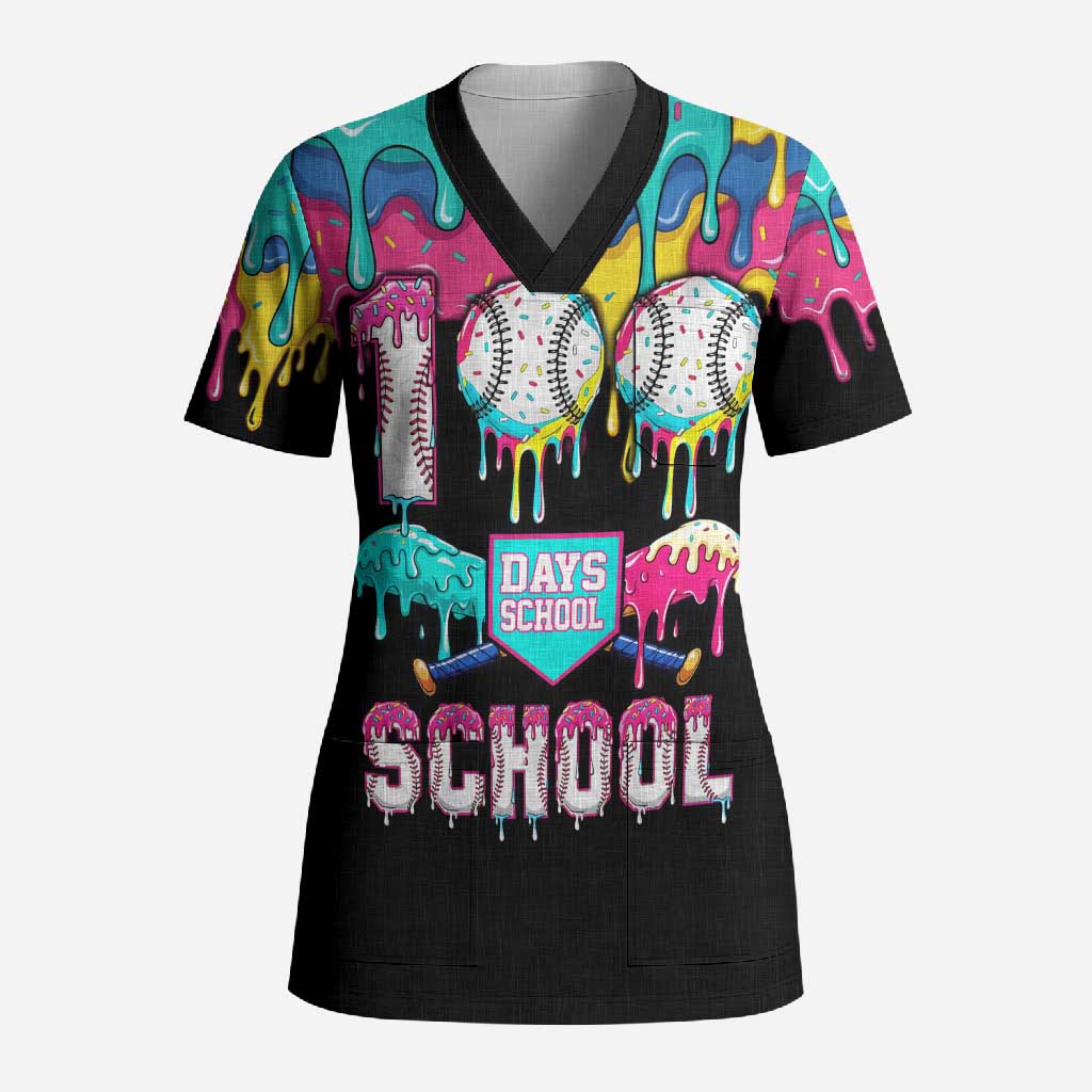 100 Days of School Baseball Scrub Top with Sweet Melting Drip Pattern