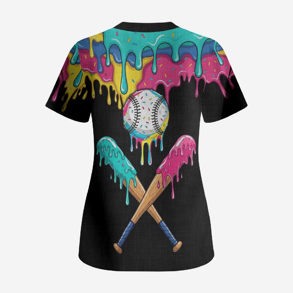 100 Days of School Baseball Scrub Top with Sweet Melting Drip Pattern