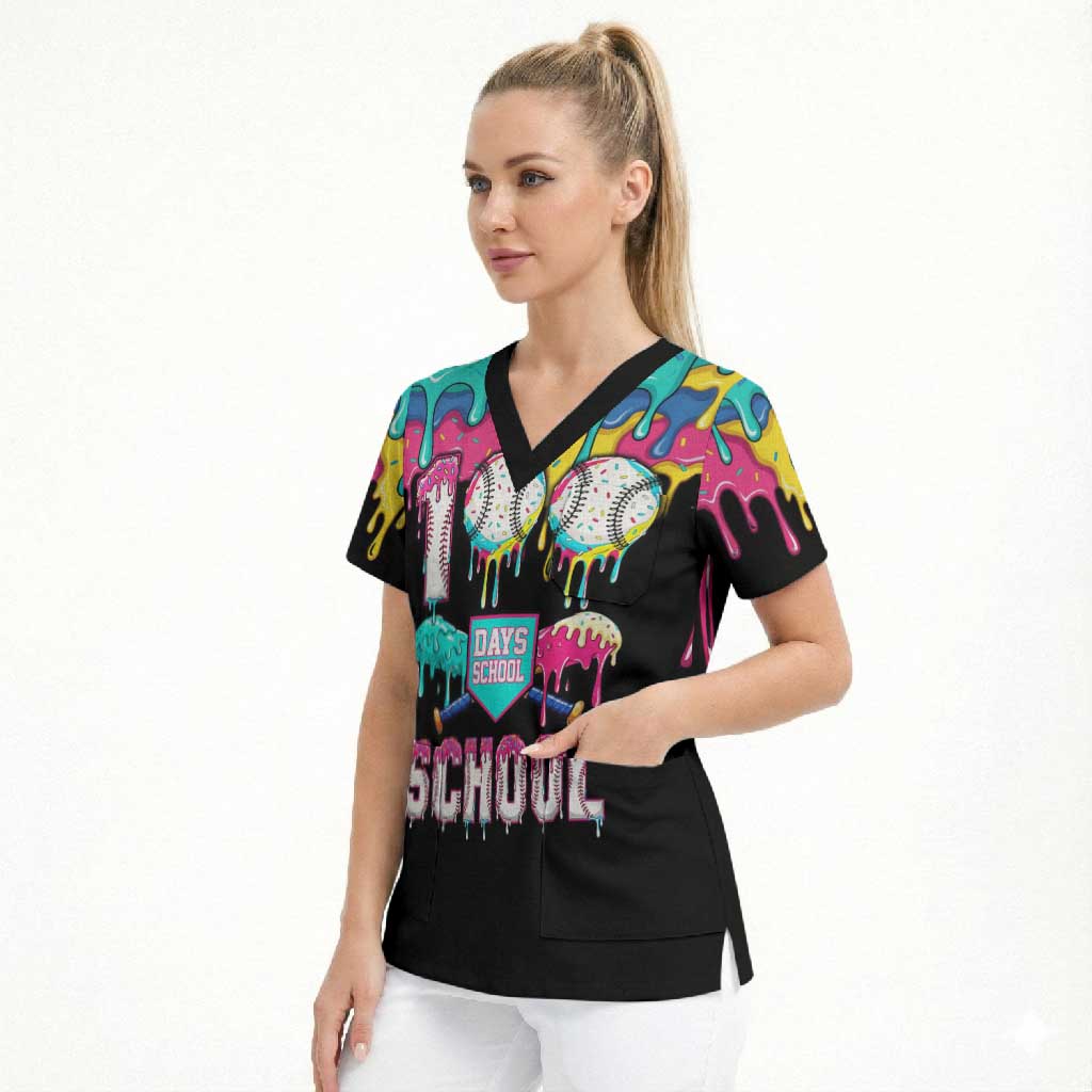 100 Days of School Baseball Scrub Top with Sweet Melting Drip Pattern