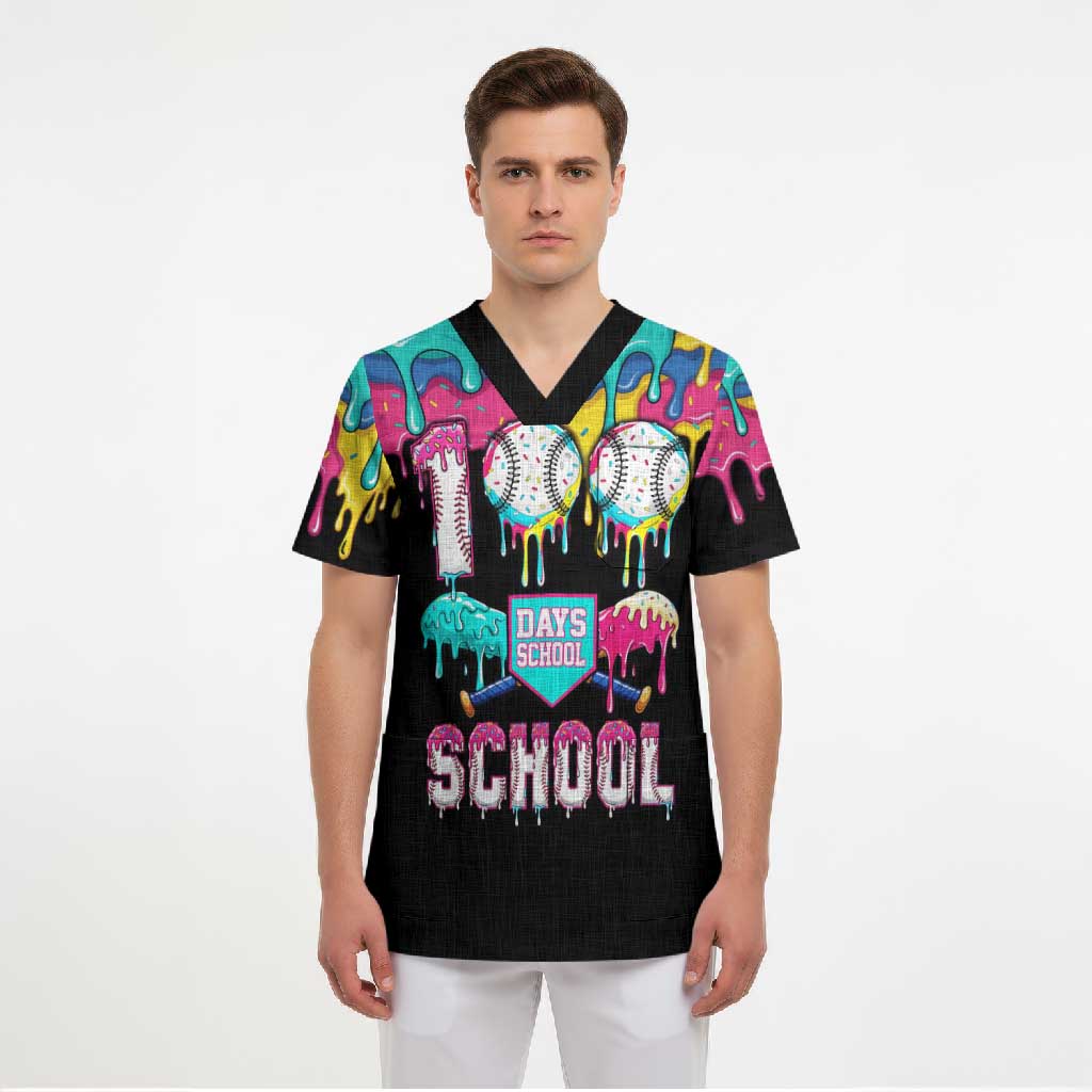 100 Days of School Baseball Scrub Top with Sweet Melting Drip Pattern