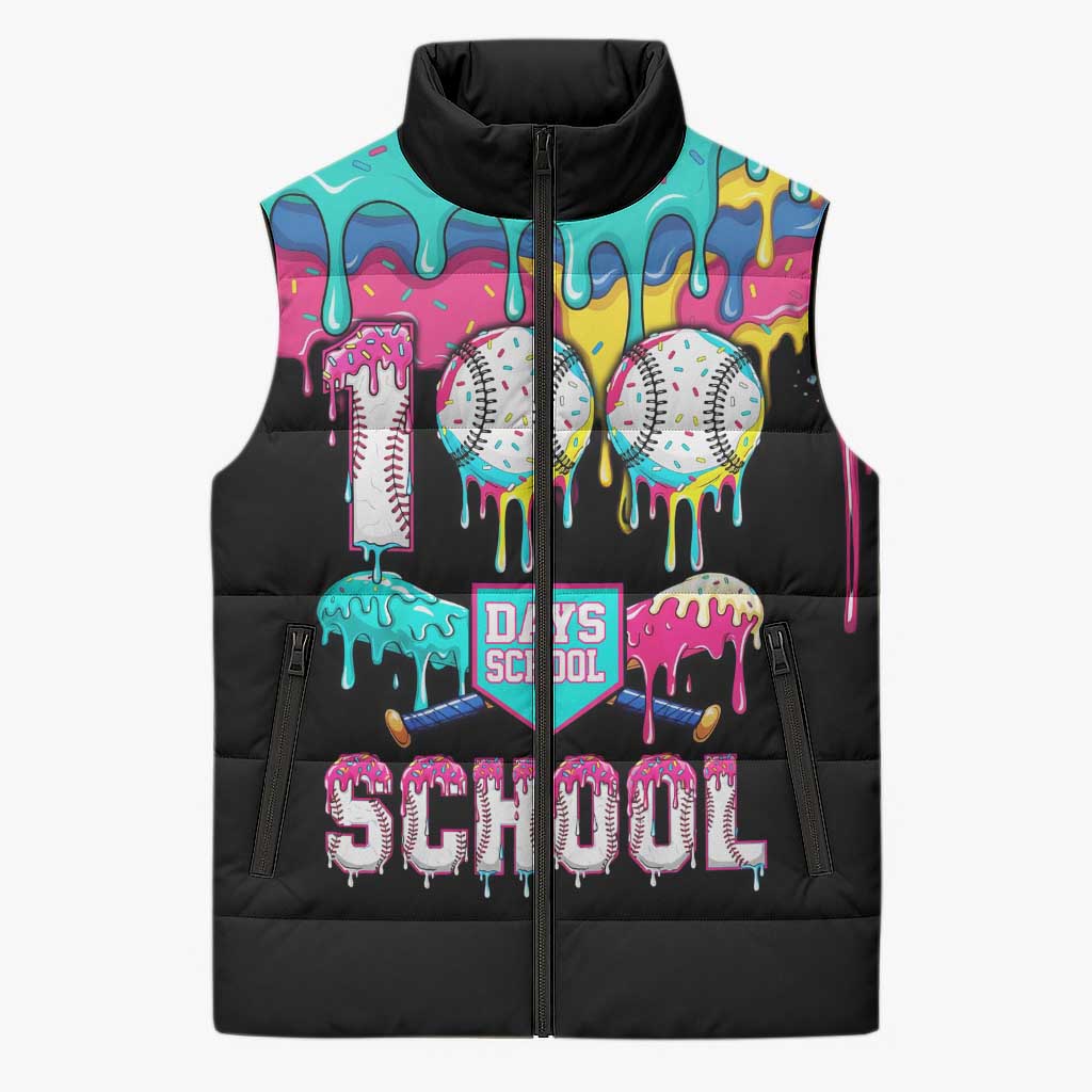 100 Days of School Baseball Sleeveless Puffer Jacket with Sweet Melting Drip Pattern