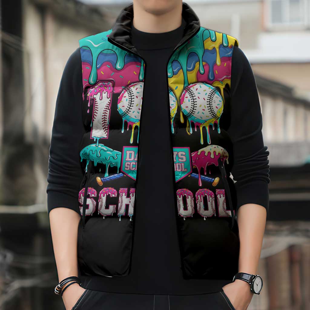 100 Days of School Baseball Sleeveless Puffer Jacket with Sweet Melting Drip Pattern
