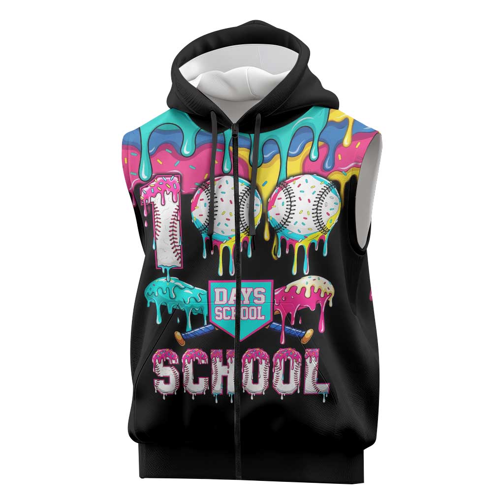 100 Days of School Baseball Sleeveless Zip Hoodie with Sweet Melting Drip Pattern