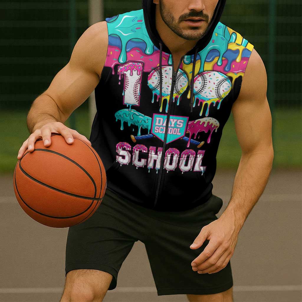 100 Days of School Baseball Sleeveless Zip Hoodie with Sweet Melting Drip Pattern