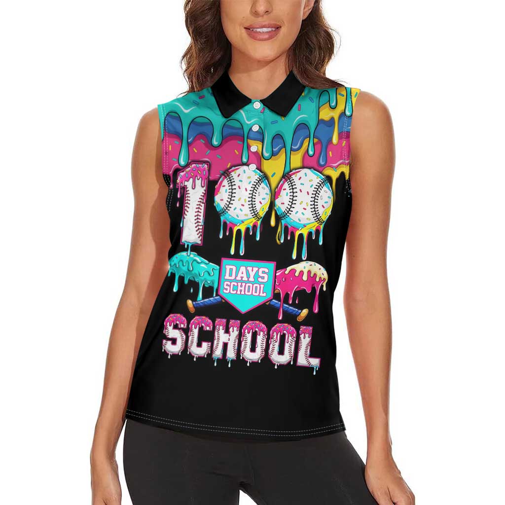 100 Days of School Baseball Women Sleeveless Polo Shirt with Sweet Melting Drip Pattern