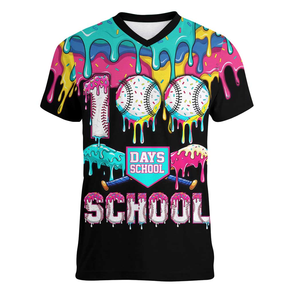 100 Days of School Baseball Women V-Neck T-Shirt with Sweet Melting Drip Pattern