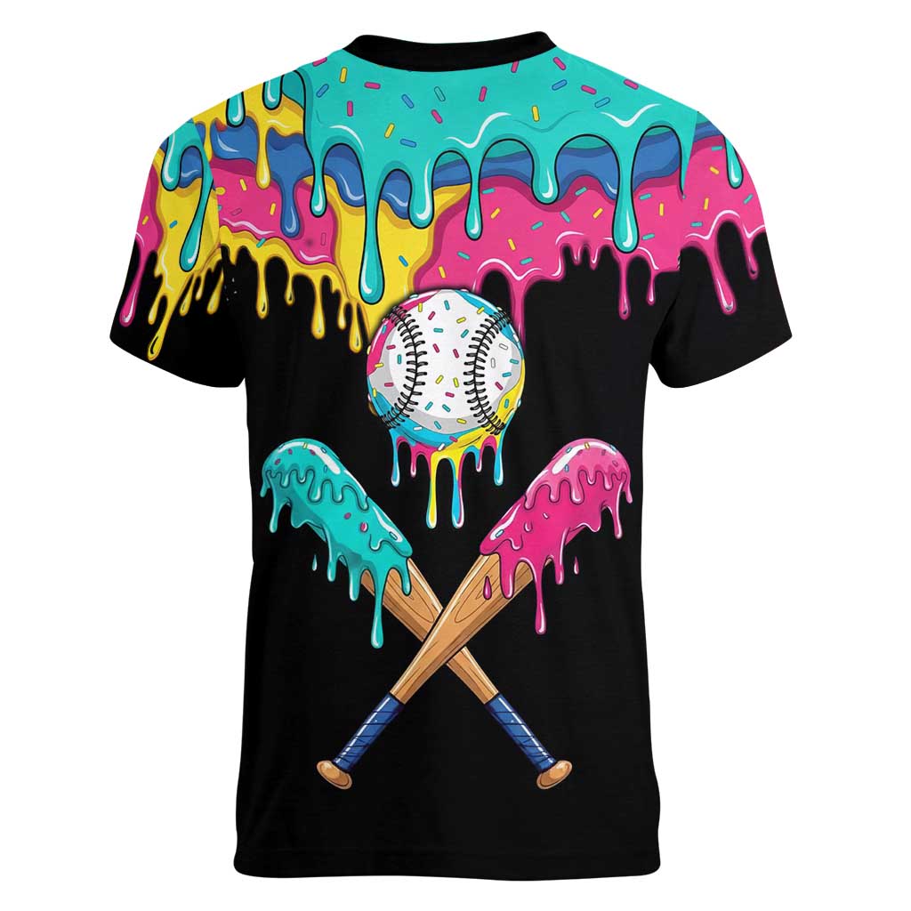 100 Days of School Baseball Women V-Neck T-Shirt with Sweet Melting Drip Pattern