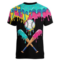 100 Days of School Baseball Women V-Neck T-Shirt with Sweet Melting Drip Pattern